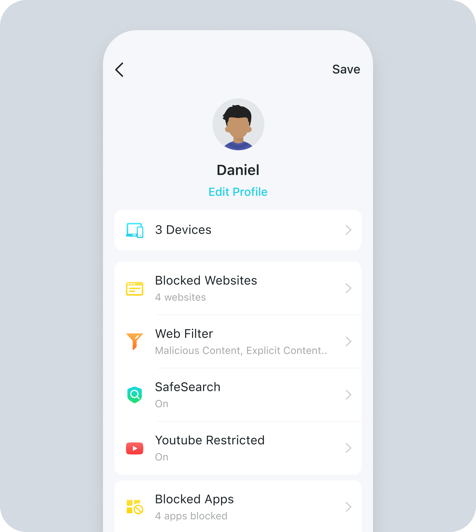 Parental control app screen
